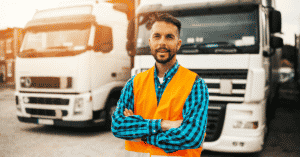 Truck driver standing in front of trucks with arm crossed